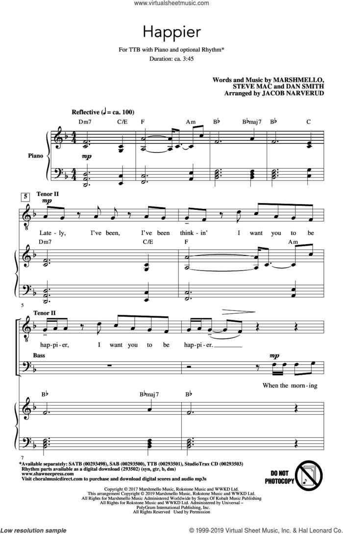 Happier (arr. Jacob Narverud) sheet music for choir (TTBB: tenor, bass) by Marshmello & Bastille, Jacob Narverud, Bastille, Dan Smith, Marshmello and Steve Mac, intermediate skill level