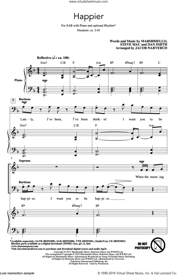 Happier (arr. Jacob Narverud) sheet music for choir (SAB: soprano, alto, bass) by Marshmello & Bastille, Jacob Narverud, Bastille, Dan Smith, Marshmello and Steve Mac, intermediate skill level