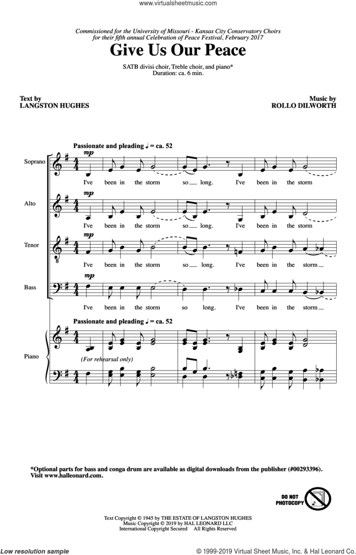 Give Us Our Peace sheet music for choir (SATB: soprano, alto, tenor, bass) by Rollo Dilworth and Langston Hughes, intermediate skill level
