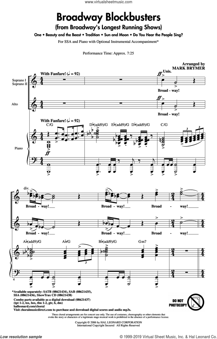 Broadway Blockbusters (from Broadway's Longest Running Shows) sheet music for choir (SSA: soprano, alto) by Alan Menken, Mark Brymer and Howard Ashman, intermediate skill level
