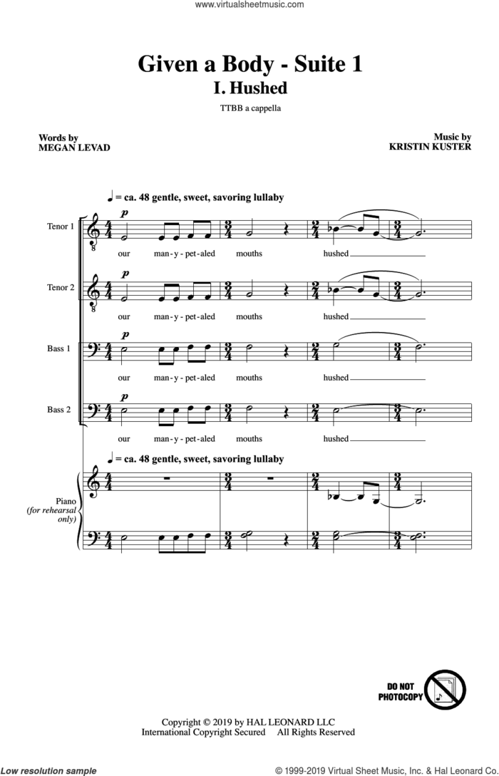 Given A Body: Suite 1 sheet music for choir (TTBB: tenor, bass) by Megan Levad & Kristin Kuster, Kristin Kuster and Megan Levad, intermediate skill level