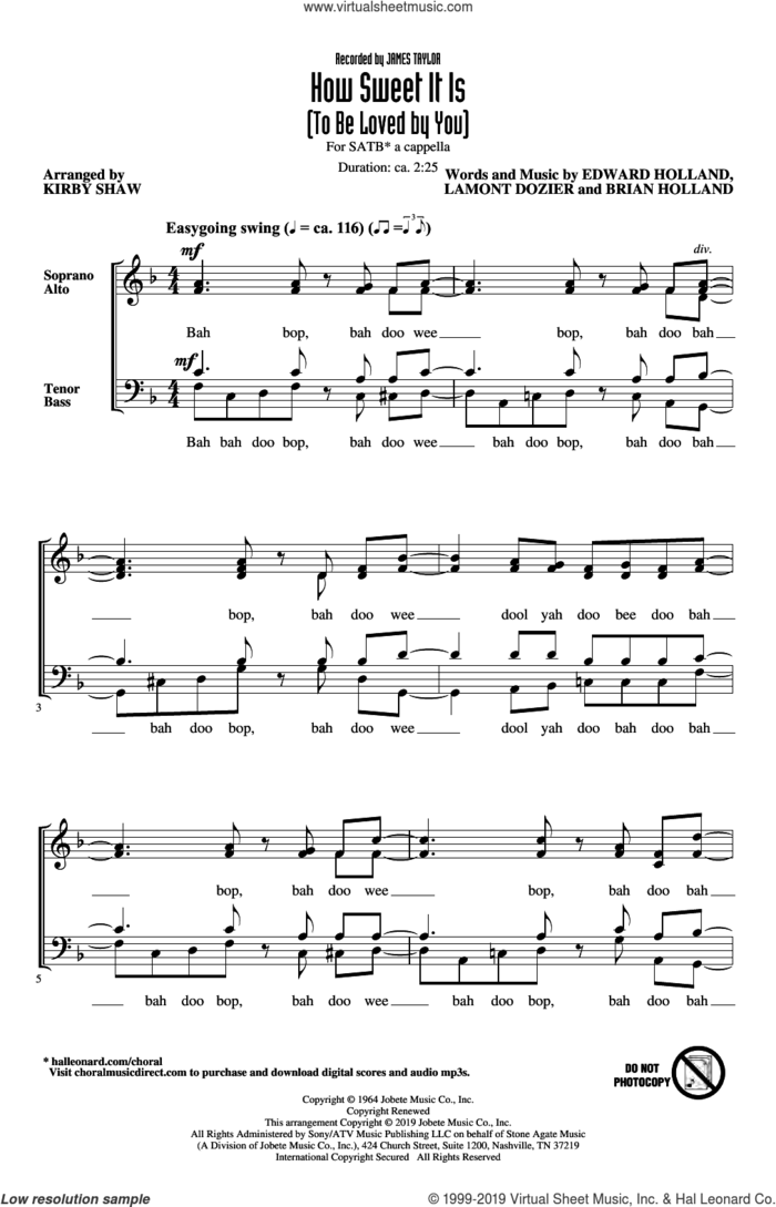 How Sweet It Is (To Be Loved By You) (arr. Kirby Shaw) sheet music for choir (SATB: soprano, alto, tenor, bass) by James Taylor, Kirby Shaw, Brian Holland, Eddie Holland and Lamont Dozier, intermediate skill level