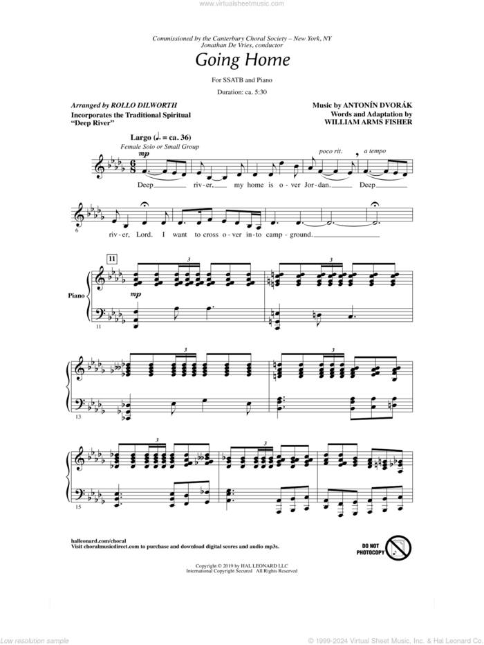 Going Home sheet music for choir (SATB: soprano, alto, tenor, bass) by Antonin Dvorak, Rollo Dilworth and William Arms Fisher, classical score, intermediate skill level