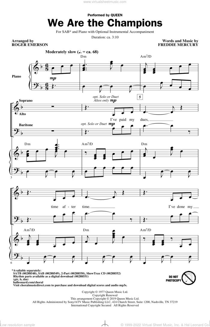 We Are The Champions (arr. Roger Emerson) sheet music for choir (SAB: soprano, alto, bass) by Queen, Roger Emerson and Freddie Mercury, intermediate skill level