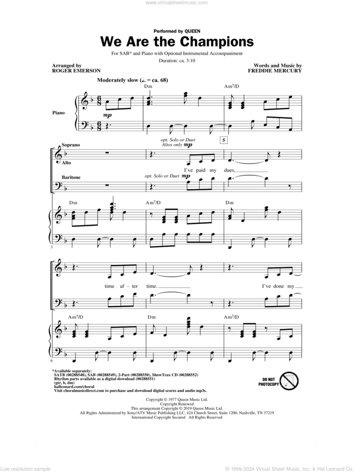 We Are The Champions (arr. Roger Emerson) sheet music for choir (SAB: soprano, alto, bass) by Queen, Roger Emerson and Freddie Mercury, intermediate skill level