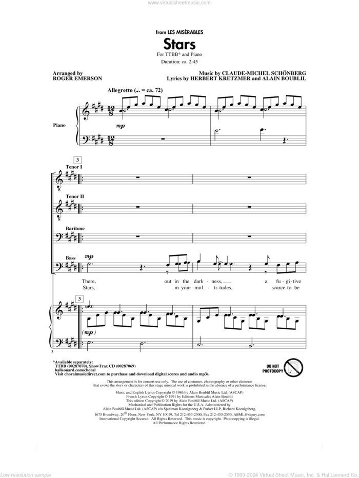 Stars (from Les Miserables) (arr. Roger Emerson) sheet music for choir (TTBB: tenor, bass) by Alain Boublil, Roger Emerson, Boublil & Schonberg, Claude-Michel Schonberg and Herbert Kretzmer, intermediate skill level