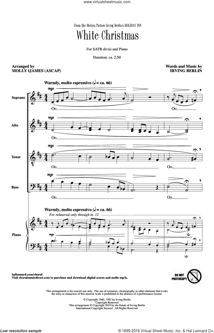 White Christmas (from Holiday Inn) (arr. Molly Ijames) sheet music for choir (SATB: soprano, alto, tenor, bass) by Irving Berlin and Molly Ijames, intermediate skill level