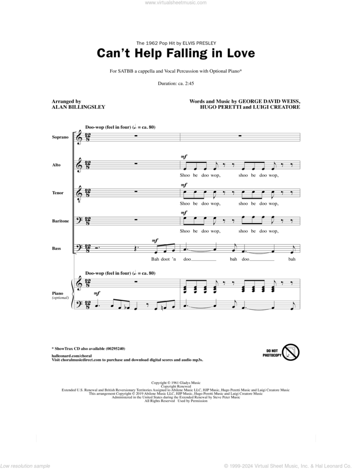 Can't Help Falling In Love (arr. Alan Billingsley) sheet music for choir (SATB: soprano, alto, tenor, bass) by Elvis Presley, Alan Billingsley, George David Weiss, Hugo Peretti and Luigi Creatore, wedding score, intermediate skill level