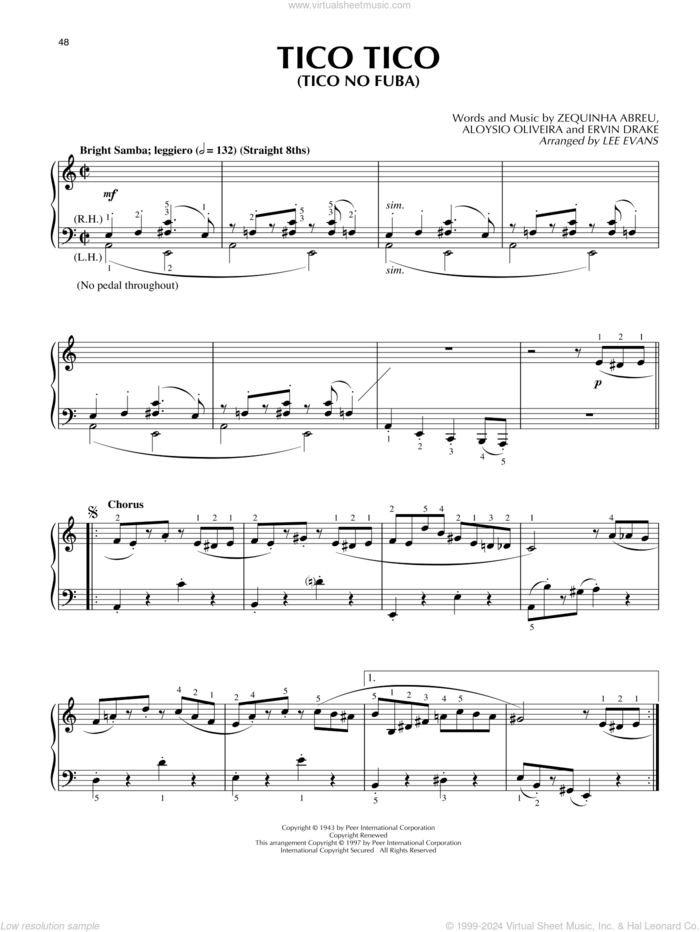 Tico Tico (Tico Tico No Fuba) sheet music for piano solo by Ervin Drake, Lee Evans, Carmen Miranda, Aloysio Oliveira and Zequinha de Abreu, intermediate skill level