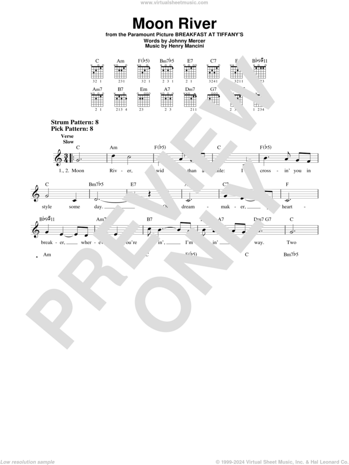 Moon River sheet music for guitar solo (chords) by Andy Williams, Henry Mancini and Johnny Mercer, wedding score, easy guitar (chords)