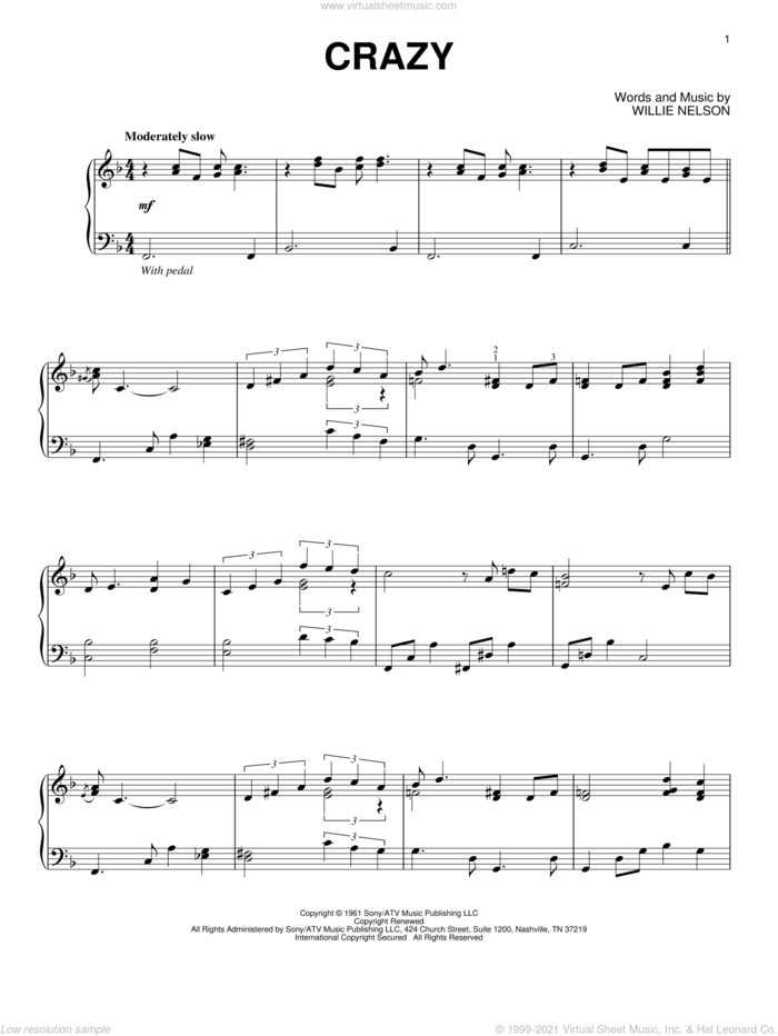 Crazy sheet music for piano solo by Willie Nelson and Patsy Cline, intermediate skill level