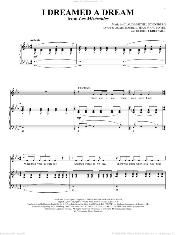 I Dreamed A Dream (from Les Miserables) sheet music for voice and piano by Boublil and Schonberg, Richard Walters, Alain Boublil, Claude-Michel Schonberg, Herbert Kretzmer and Jean-Marc Natel, intermediate skill level