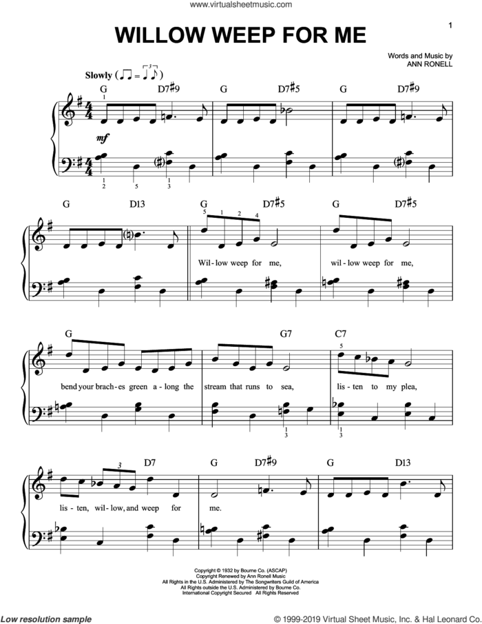 Willow Weep For Me sheet music for piano solo by Chad & Jeremy and Ann Ronell, easy skill level