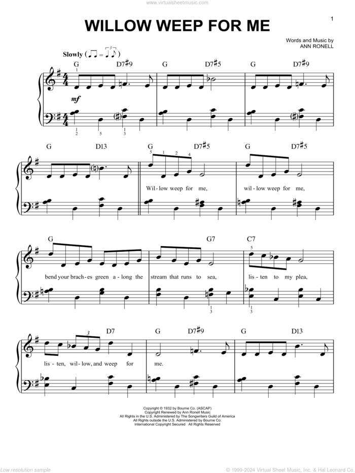 Willow Weep For Me sheet music for piano solo by Chad & Jeremy and Ann Ronell, easy skill level