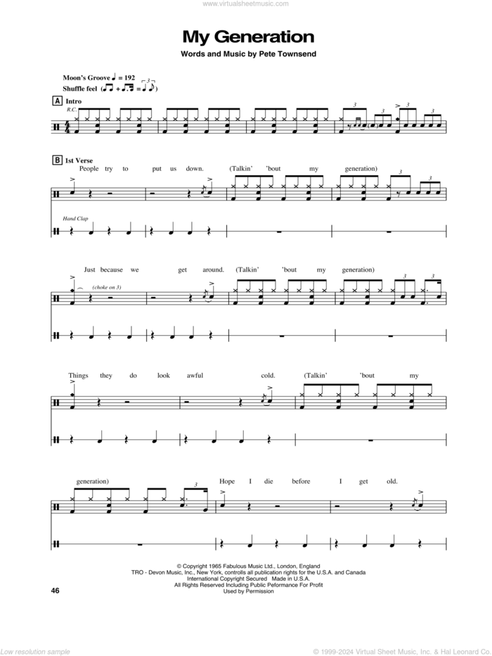 My Generation sheet music for drums by The Who and Pete Townshend, intermediate skill level