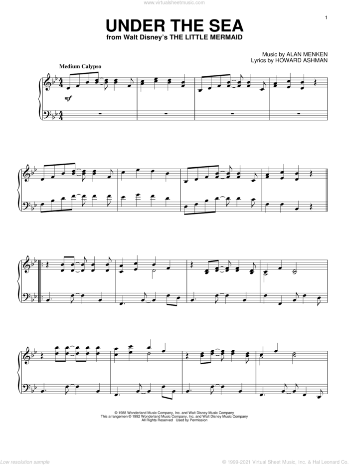 Under The Sea (from The Little Mermaid), (intermediate) sheet music for piano solo by Alan Menken and Howard Ashman, intermediate skill level