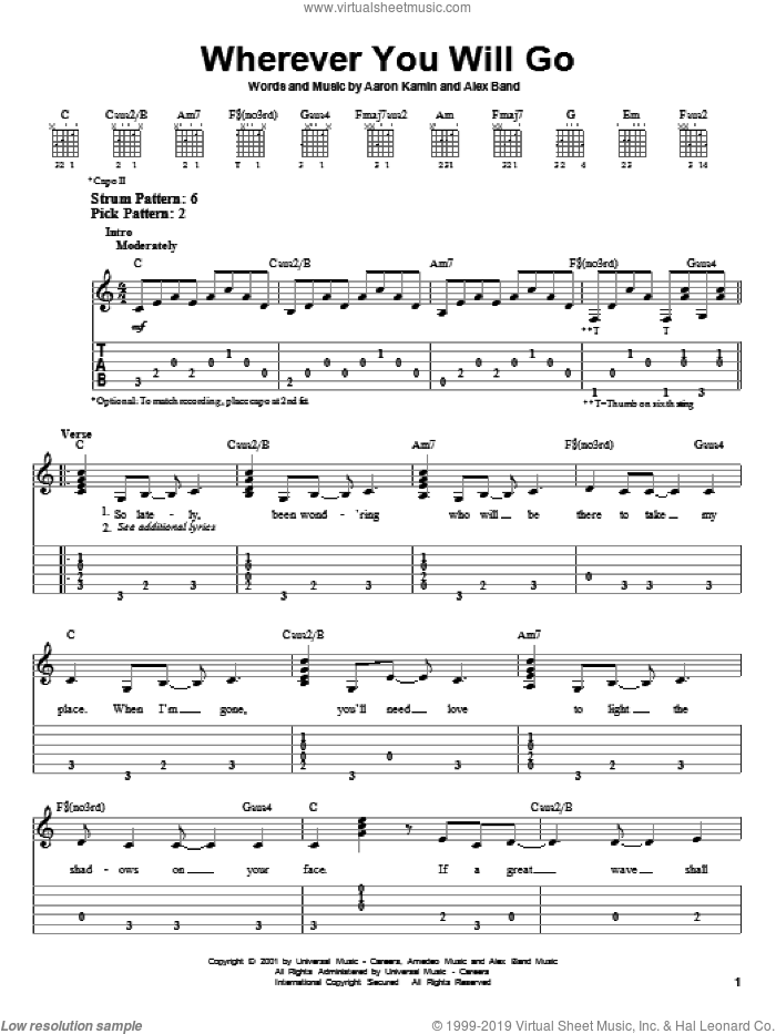 Wherever You Will Go sheet music for guitar solo (chords) by The Calling, Aaron Kamin and Alex Band, easy guitar (chords)