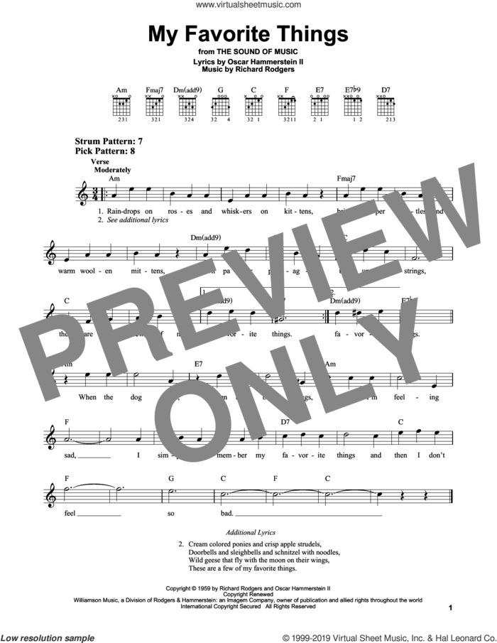 My Favorite Things sheet music for guitar solo (chords) by Rodgers & Hammerstein, Oscar II Hammerstein and Richard Rodgers, easy guitar (chords)