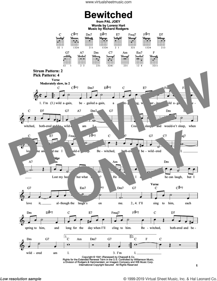 Bewitched sheet music for guitar solo (chords) by Rodgers & Hart, Lorenz Hart and Richard Rodgers, easy guitar (chords)