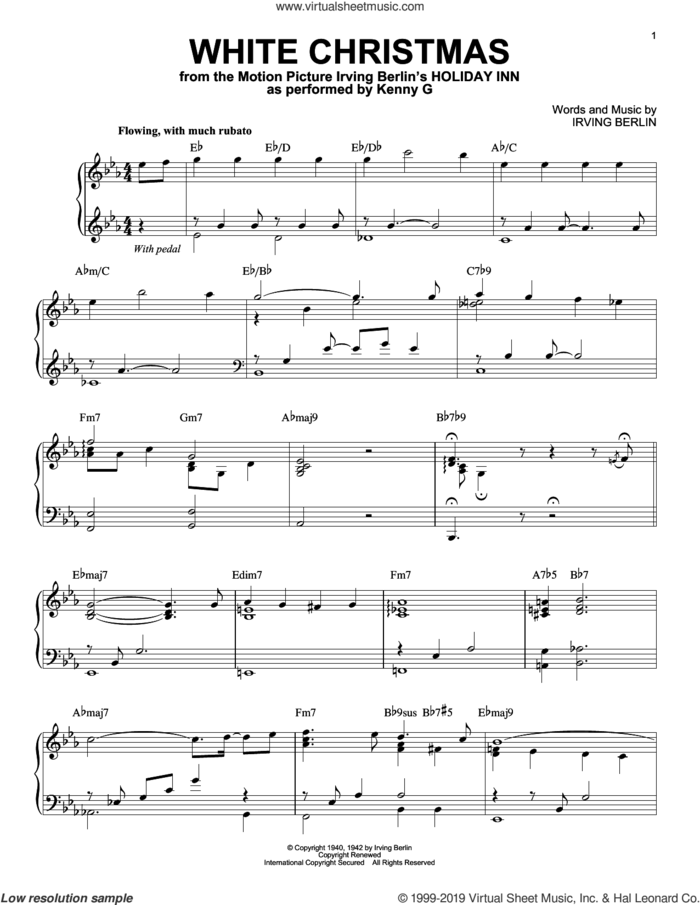 White Christmas sheet music for piano solo by Kenny G and Irving Berlin, intermediate skill level
