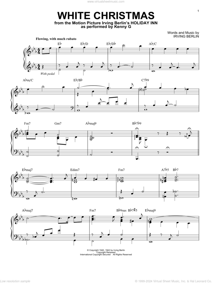 White Christmas sheet music for piano solo by Kenny G and Irving Berlin, intermediate skill level