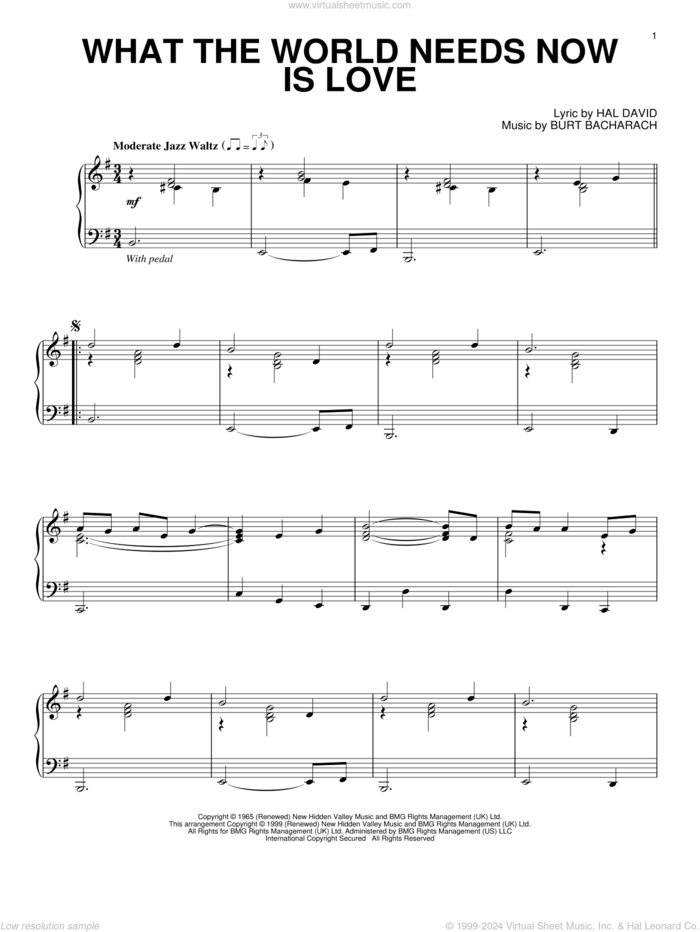 What The World Needs Now Is Love sheet music for piano solo by Bacharach & David, Burt Bacharach and Hal David, intermediate skill level