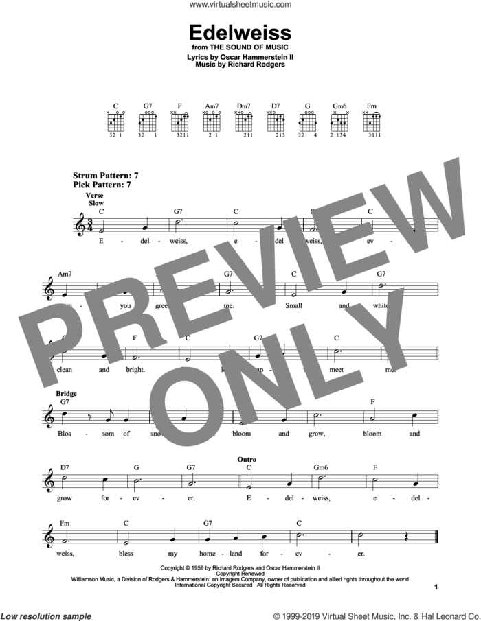 Edelweiss (from The Sound of Music) sheet music for guitar solo (chords) by Rodgers & Hammerstein, Oscar II Hammerstein and Richard Rodgers, easy guitar (chords)
