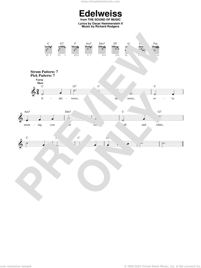 Edelweiss (from The Sound of Music) sheet music for guitar solo (chords) by Rodgers & Hammerstein, Oscar II Hammerstein and Richard Rodgers, easy guitar (chords)