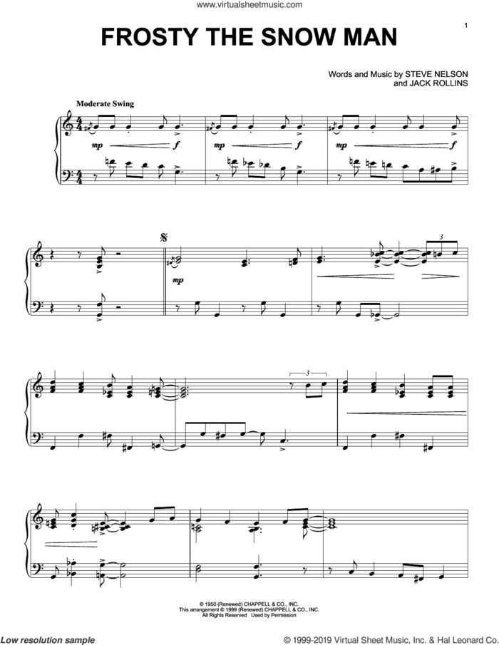 Frosty The Snow Man, (intermediate) sheet music for piano solo by Gene Autry, Jack Rollins and Steve Nelson, intermediate skill level