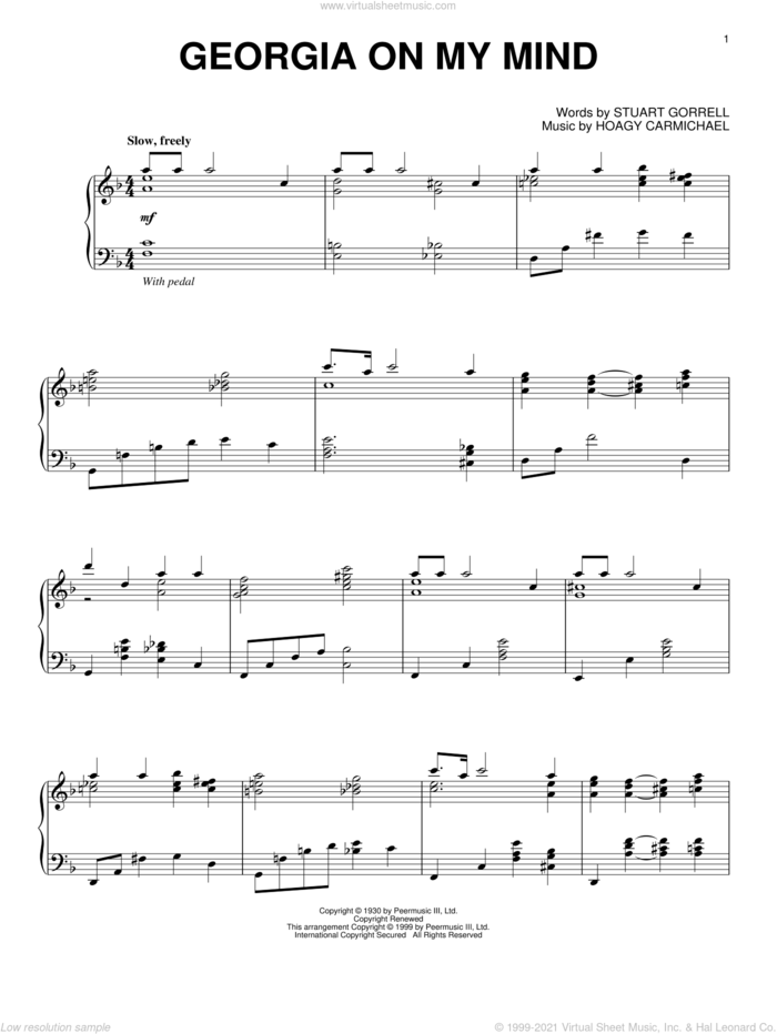 Georgia On My Mind sheet music for piano solo by Ray Charles, Hoagy Carmichael and Stuart Gorrell, intermediate skill level