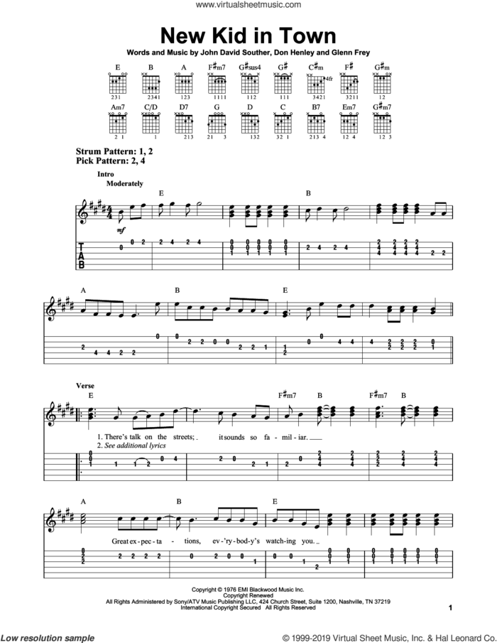 New Kid In Town sheet music for guitar solo (easy tablature) by Don Henley, The Eagles, Glenn Frey and John David Souther, easy guitar (easy tablature)