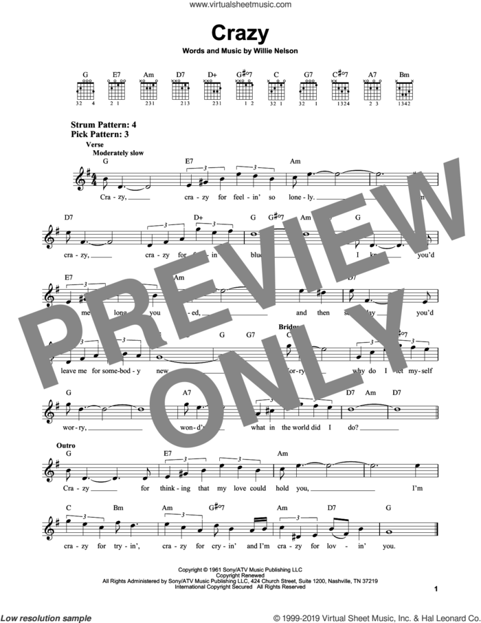 Crazy sheet music for guitar solo (chords) by Willie Nelson and Patsy Cline, easy guitar (chords)
