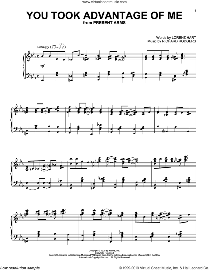 You Took Advantage Of Me, (intermediate) sheet music for piano solo by Rodgers & Hart, Lorenz Hart and Richard Rodgers, intermediate skill level