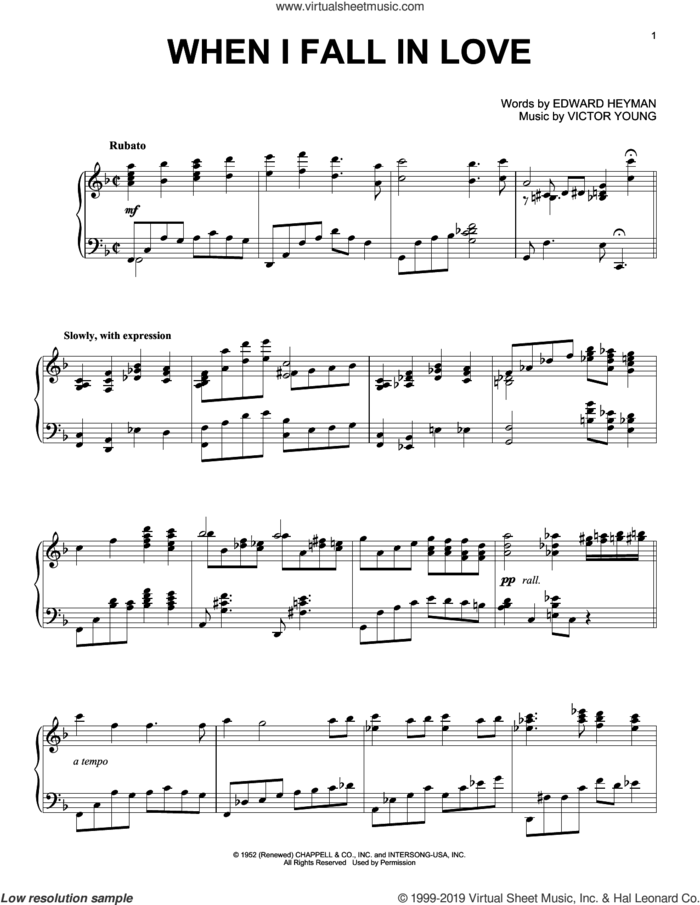 When I Fall In Love [Jazz version] (arr. Brent Edstrom) sheet music for piano solo by Victor Young, Alan Jay Lerner, Brent Edstrom and Edward Heyman, intermediate skill level