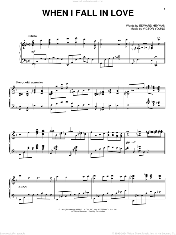 When I Fall In Love [Jazz version] (arr. Brent Edstrom) sheet music for piano solo by Victor Young, Alan Jay Lerner, Brent Edstrom and Edward Heyman, intermediate skill level