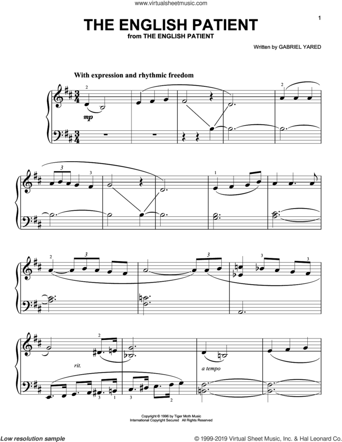 The English Patient sheet music for piano solo by Gabriel Yared, easy skill level