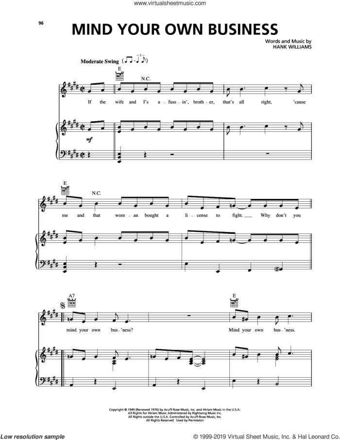 Mind Your Own Business sheet music for voice, piano or guitar by Hank Williams and Hank Williams, Jr., intermediate skill level
