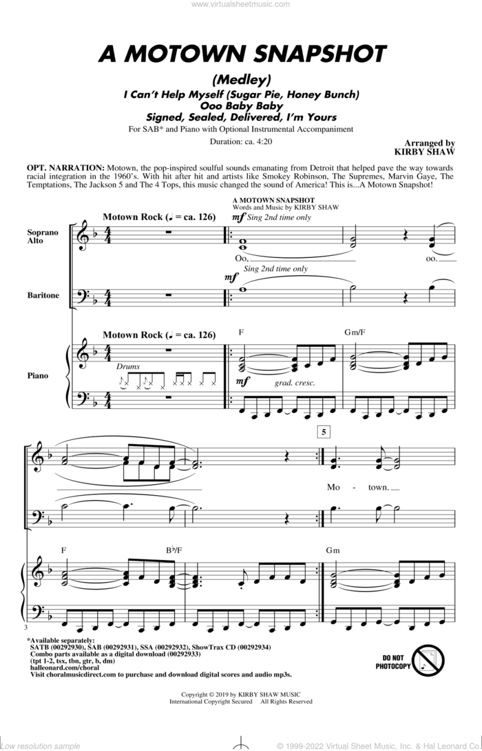 A Motown Snapshot (Medley) sheet music for choir (SAB: soprano, alto, bass) by William 'Smokey' Robinson, Kirby Shaw, Linda Ronstadt, The Miracles and Warren Moore, intermediate skill level