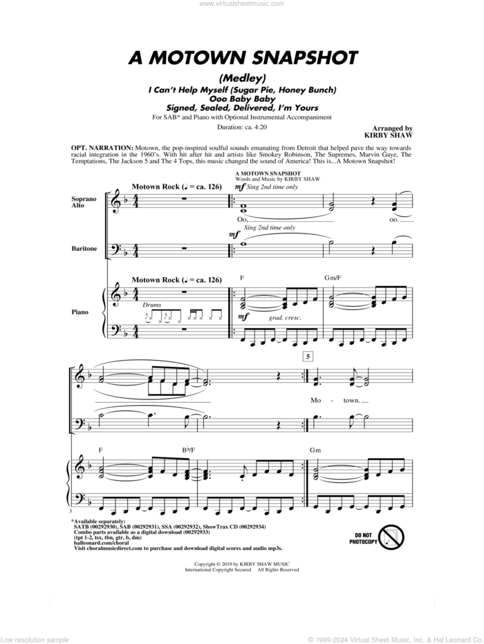 A Motown Snapshot (Medley) sheet music for choir (SAB: soprano, alto, bass) by William 'Smokey' Robinson, Kirby Shaw, Linda Ronstadt, The Miracles and Warren Moore, intermediate skill level