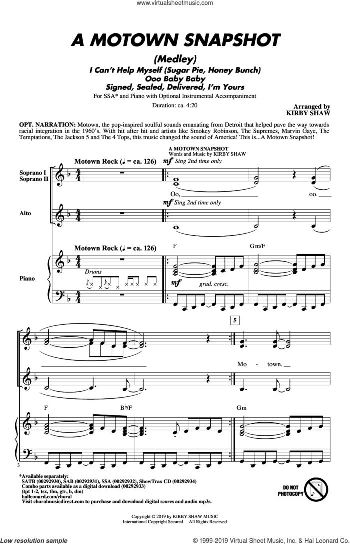 A Motown Snapshot (Medley) sheet music for choir (SSA: soprano, alto) by William 'Smokey' Robinson, Kirby Shaw, Linda Ronstadt, The Miracles and Warren Moore, intermediate skill level