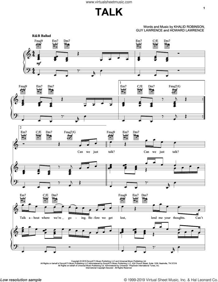 Talk sheet music for voice, piano or guitar by Khalid, Guy Lawrence, Howard Lawrence and Khalid Robinson, intermediate skill level