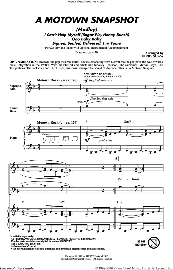 A Motown Snapshot (Medley) sheet music for choir (SATB: soprano, alto, tenor, bass) by William 'Smokey' Robinson, Kirby Shaw, Linda Ronstadt, The Miracles and Warren Moore, intermediate skill level
