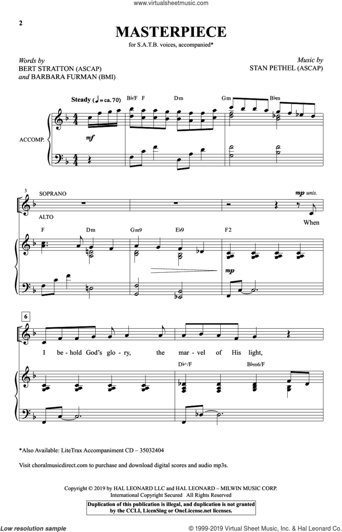 Masterpiece sheet music for choir (SATB: soprano, alto, tenor, bass) by Bert Stratton, Barbara Furman and Stan Pethel, intermediate skill level