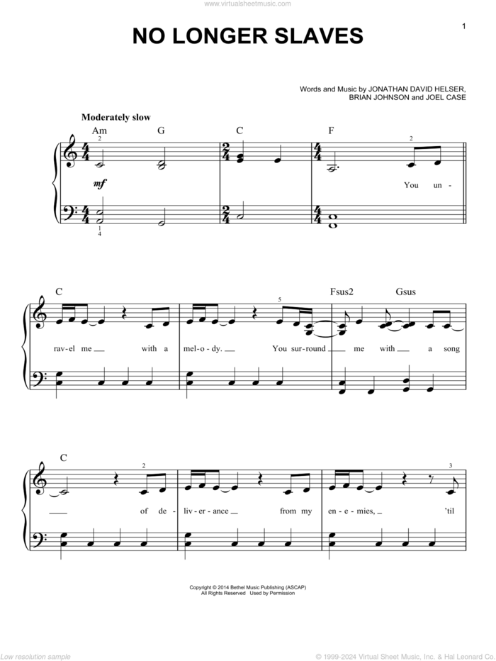 No Longer Slaves, (easy) sheet music for piano solo by Bethel Music, Brian Johnson, Joel Case and Jonathan David Helser, easy skill level