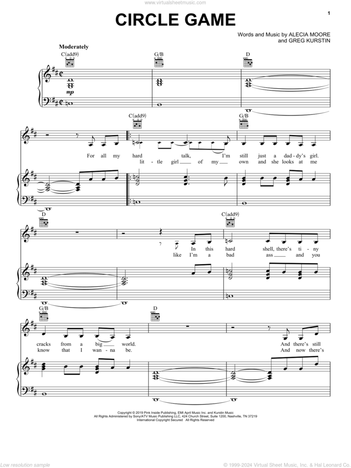 Circle Game sheet music for voice, piano or guitar by Greg Kurstin, Miscellaneous, P!nk and Alecia Moore, intermediate skill level