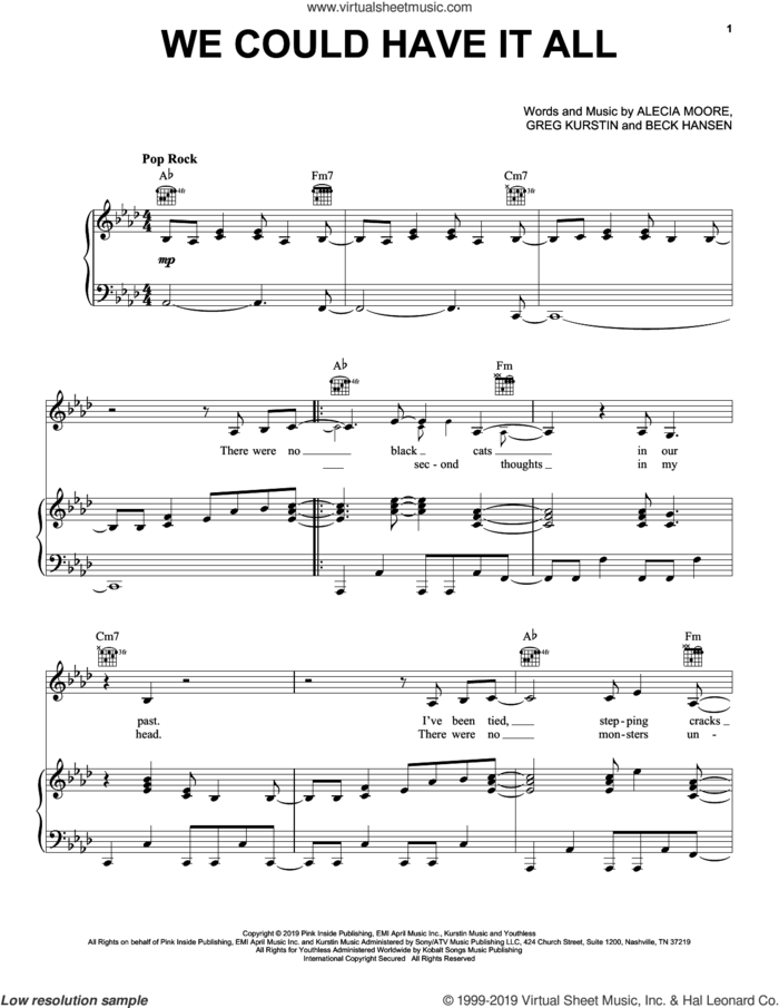 We Could Have It All sheet music for voice, piano or guitar by Greg Kurstin, Miscellaneous, P!nk, Alecia Moore and Beck Hansen, intermediate skill level