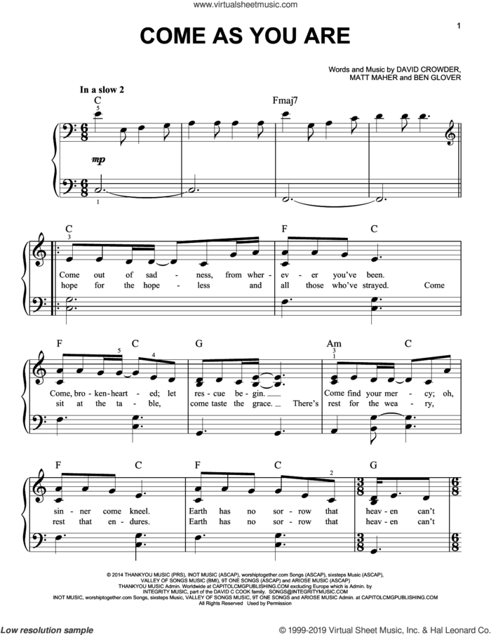 Come As You Are sheet music for piano solo by Matt Maher, Ben Glover and David Crowder, easy skill level