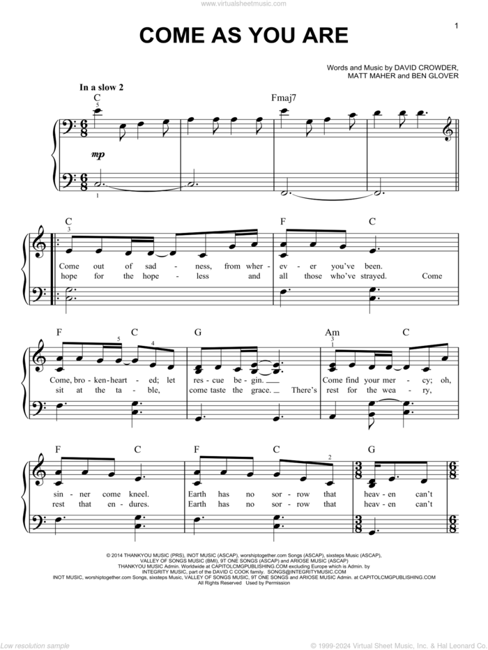 Come As You Are sheet music for piano solo by Matt Maher, Ben Glover and David Crowder, easy skill level