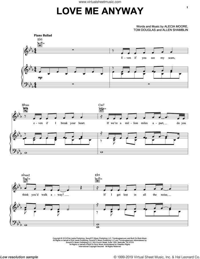 Love Me Anyway (feat. Chris Stapleton) sheet music for voice, piano or guitar by Alecia Moore, Chris Stapleton, Miscellaneous, P!nk, Allen Shamblin and Tom Douglas, intermediate skill level