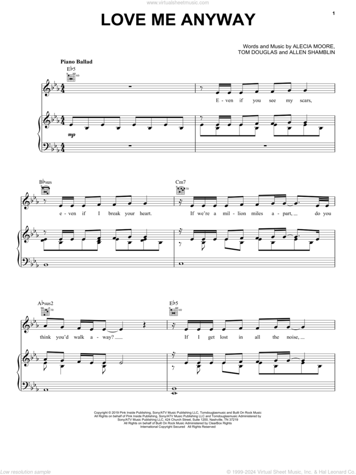 Love Me Anyway (feat. Chris Stapleton) sheet music for voice, piano or guitar by Tom Douglas, Chris Stapleton, Miscellaneous, P!nk, Alecia Moore and Allen Shamblin, intermediate skill level